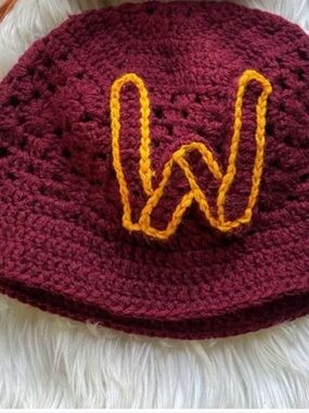 Handmade Maroon Crochet Beanie with Gold Accent "W"